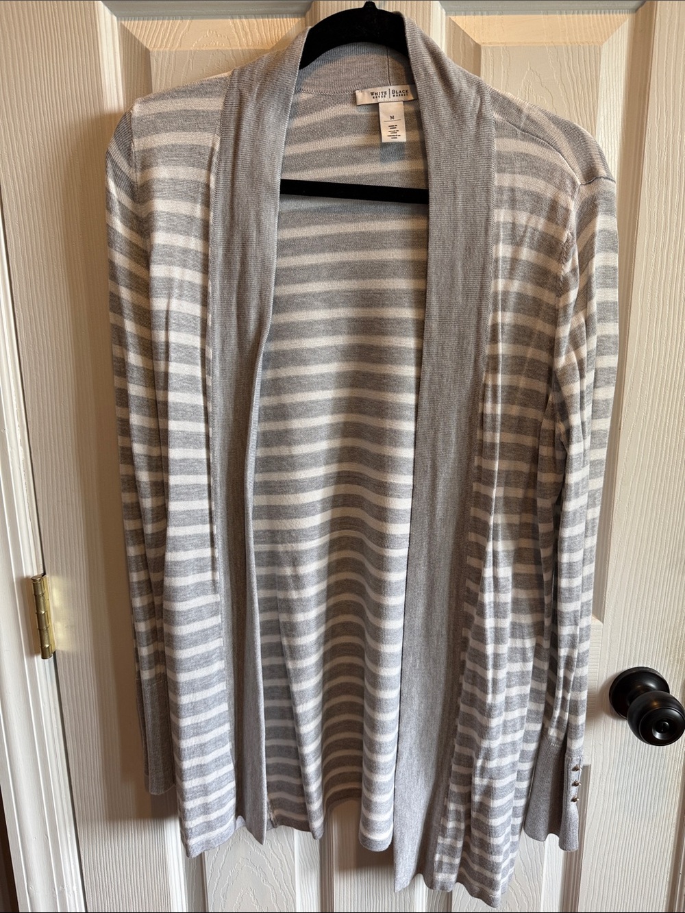 White House Black Market Light Gray and White Striped Open Cardigan